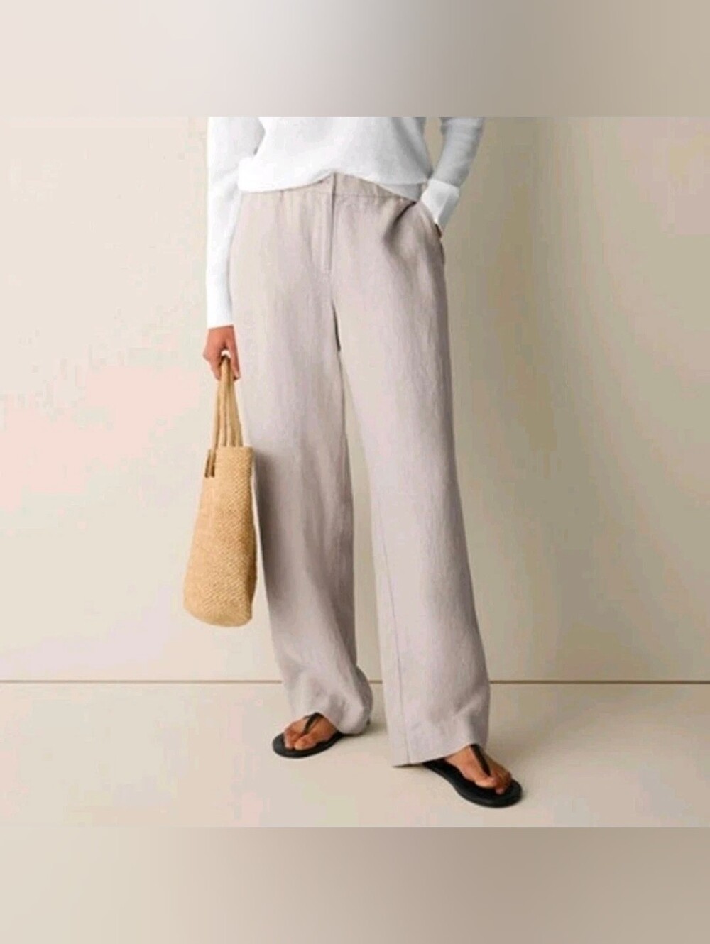 Eileen Fisher Organic Linen Trousers In Natural Beige Hue Straight Wide Leg Sz M